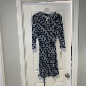 JM Collection Navy and White Sheath Dress with 3/4 Sleeves for Casual or Work